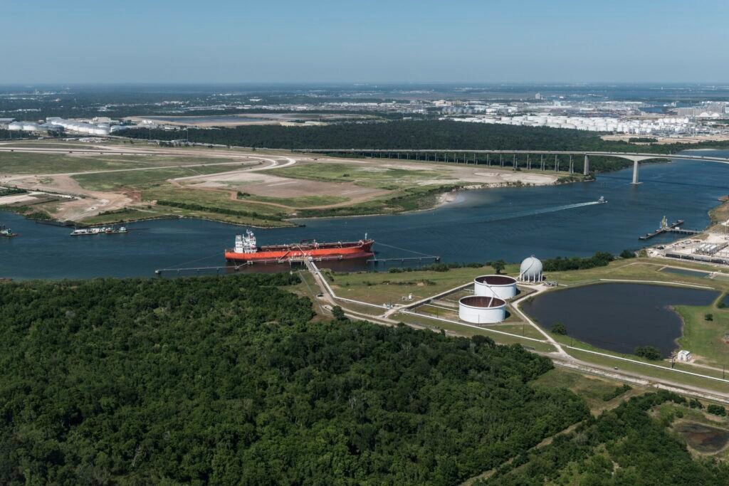 Aerial view of the Houston Ship Channel and energy terminals